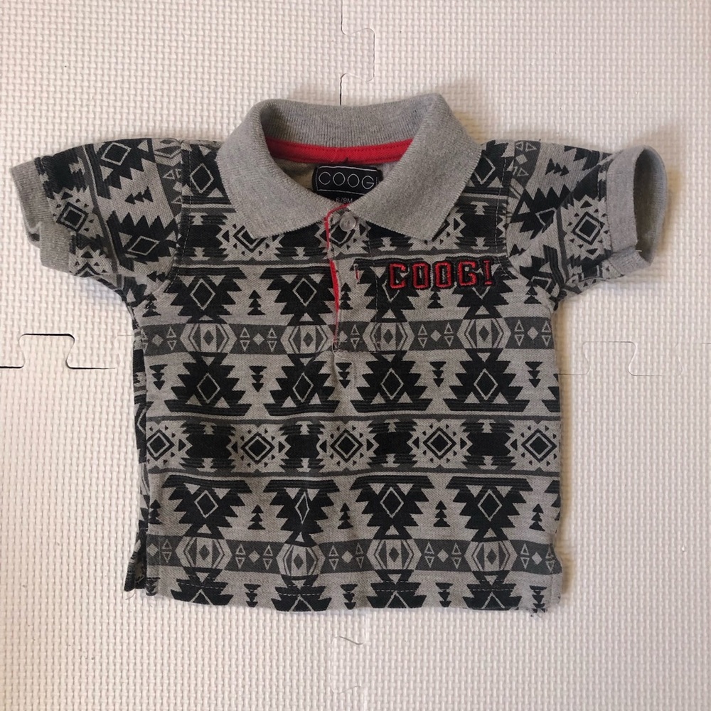 COOGI Baby boy Black & gray Aztec native print short sleeve polo shirt Sz 6-9 Mo